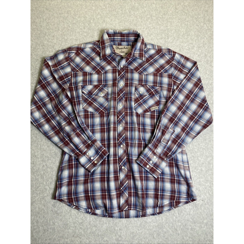 Wrancher by Wrangler Men L Western Pearl Snap Shirt Long Sleeve Plaid Red Blue